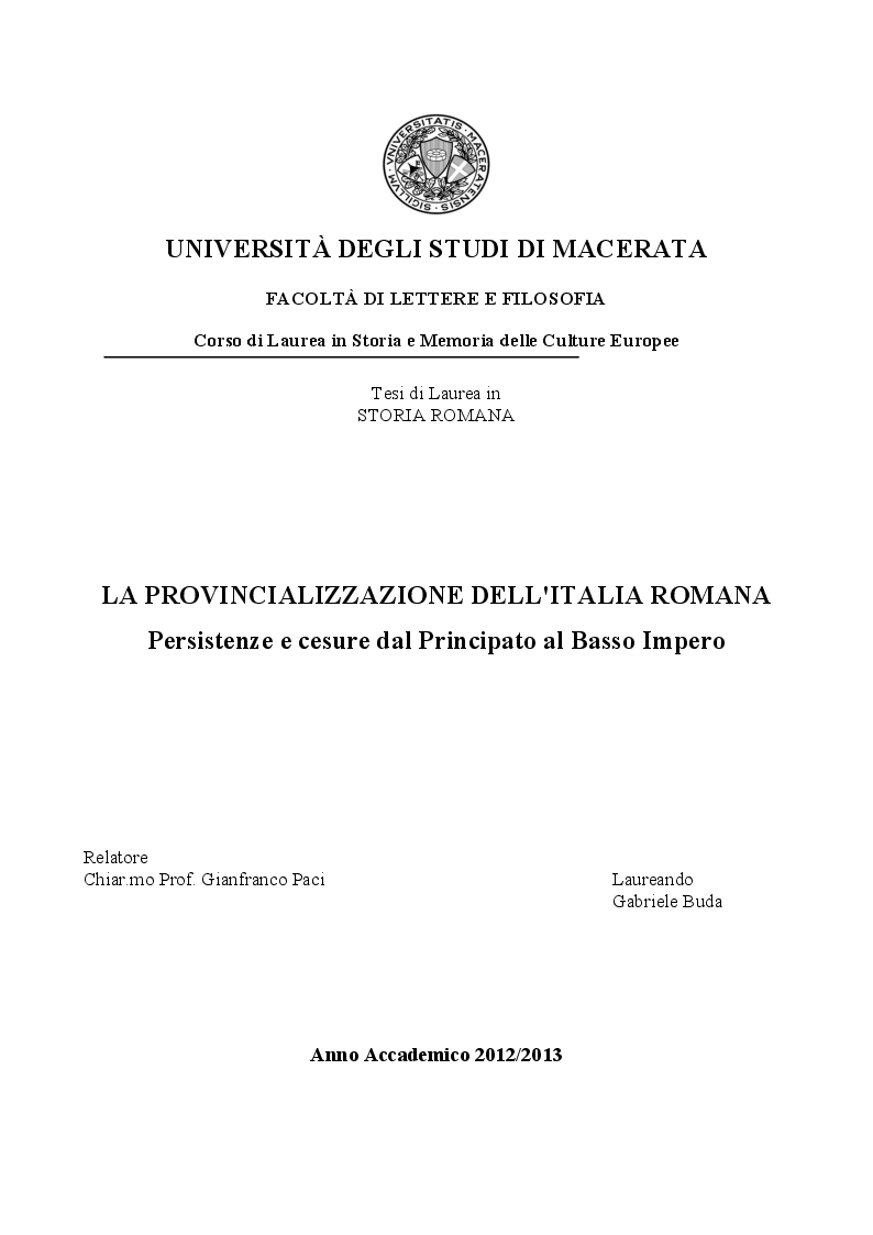 Anteprima della tesi: La provincializzazione dell'Italia romana. Persistenze e cesure dal Principato al Basso Impero, Pagina 1