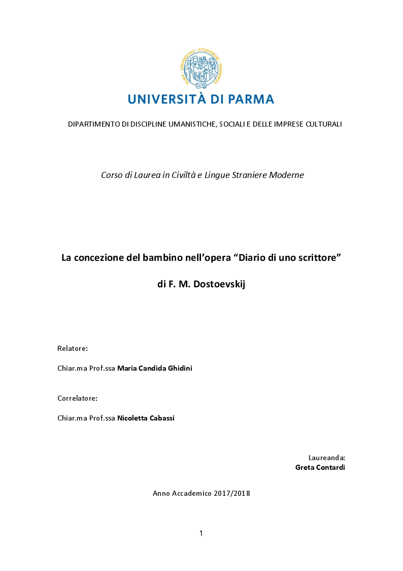 Anteprima della tesi: La concezione del bambino nell'opera ''Diario di uno scrittore'' di F.M. Dostoevskij, Pagina 1