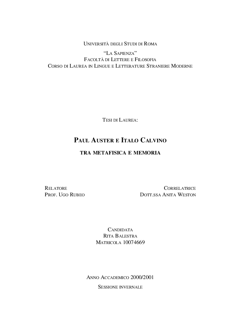 Anteprima della tesi: Paul Auster e Italo Calvino: tra Metafisica e Memoria, Pagina 1