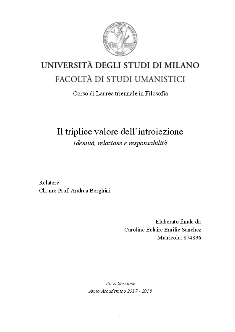 Anteprima della tesi: Il triplice valore dell'introiezione. Identità, relazione e responsabilità, Pagina 1