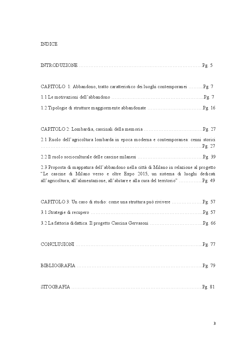 Indice della tesi: L'abbandono della ruralità: la riscoperta della cascina per l'affermazione di un paesaggio consapevole, Pagina 1