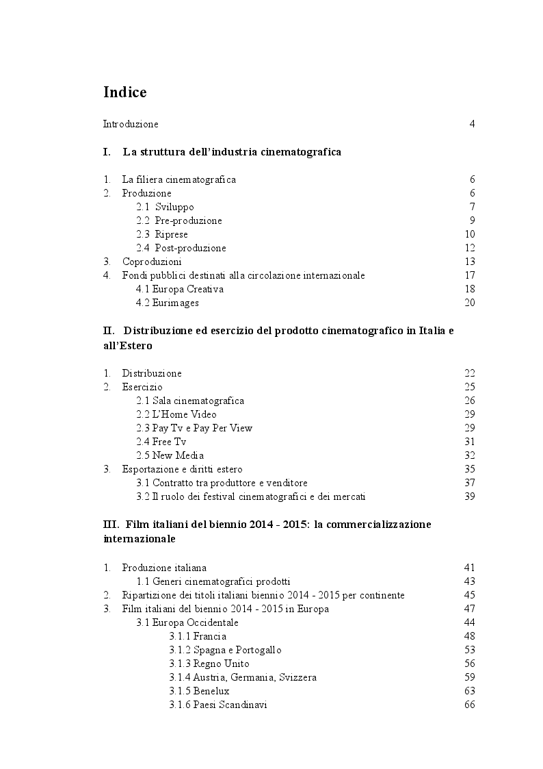 Indice della tesi: L'export italiano: rapporto sulla diffusione internazionale del cinema negli anni 2014-2015, Pagina 1