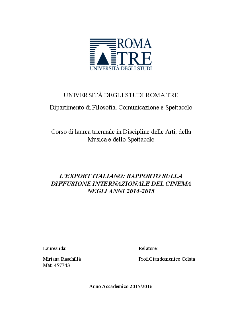 Anteprima della tesi: L'export italiano: rapporto sulla diffusione internazionale del cinema negli anni 2014-2015, Pagina 1