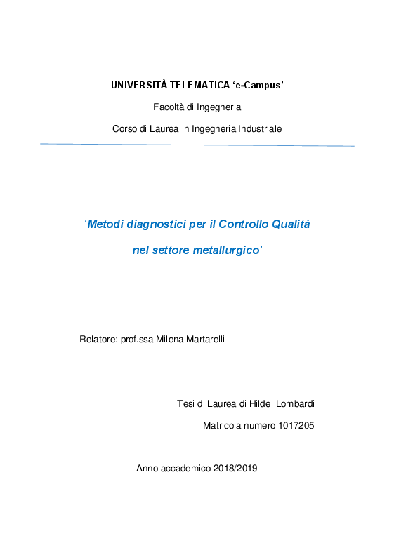 Anteprima della tesi: Strumenti e metodi diagnostici per il controllo qualità dei settore metallurgico, Pagina 1
