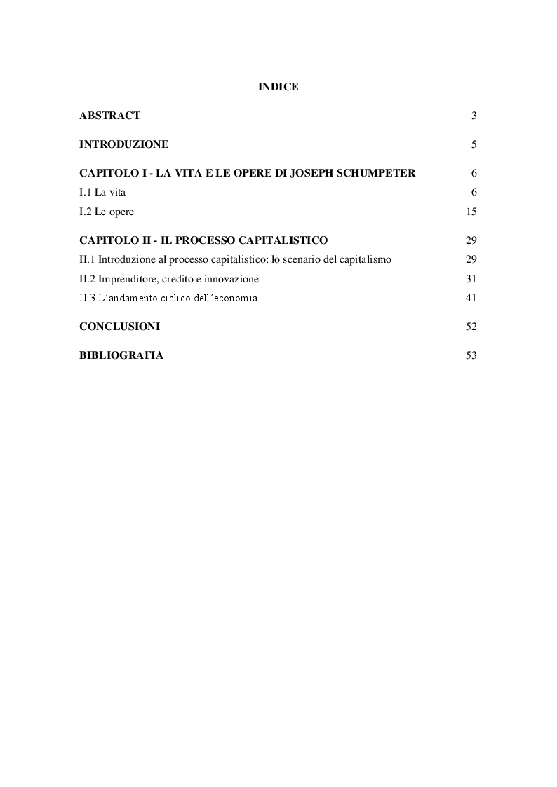 Indice della tesi: Joseph Schumpeter e l'evoluzione dell'economia capitalistica, Pagina 1
