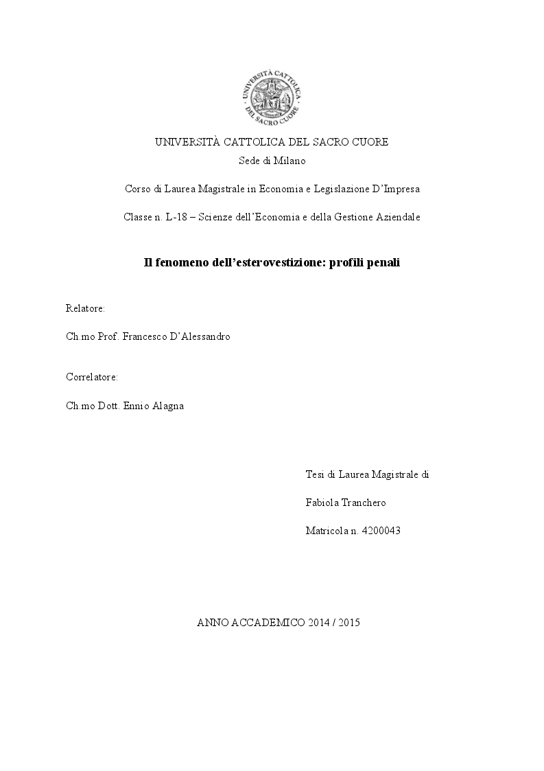 Anteprima della tesi: Il fenomeno dell'esterovestizione: profili penali, Pagina 1