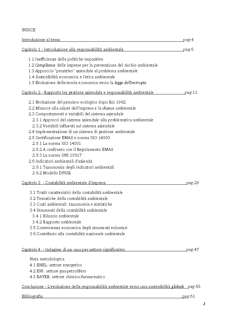 Indice della tesi: Gli strumenti volontari per la rendicontazione delle performance ambientali delle imprese, Pagina 1