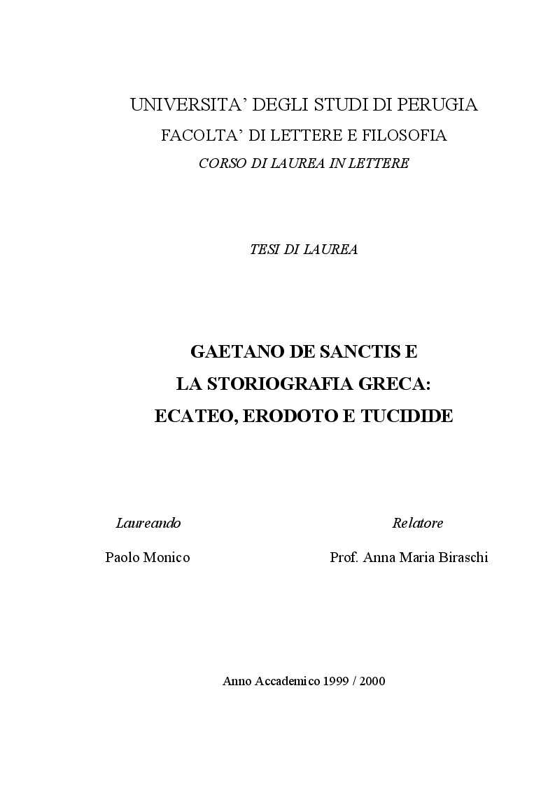 Anteprima della tesi: Gaetano De Sanctis e la storiografia greca: Ecateo, Erodoto e Tucidide, Pagina 1