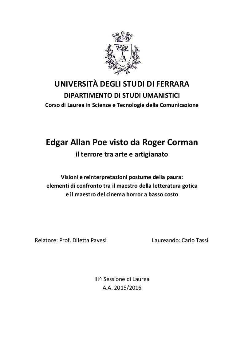Anteprima della tesi: Edgar Allan Poe visto da Roger Corman. Il terrore tra arte e artigianato, Pagina 1