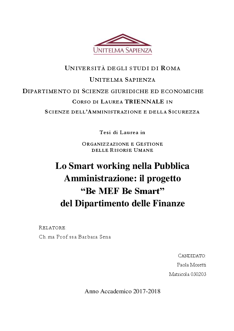 Anteprima della tesi: Lo Smart working nella Pubblica Amministrazione: il progetto “Be MEF Be Smart” del Dipartimento delle Finanze, Pagina 1
