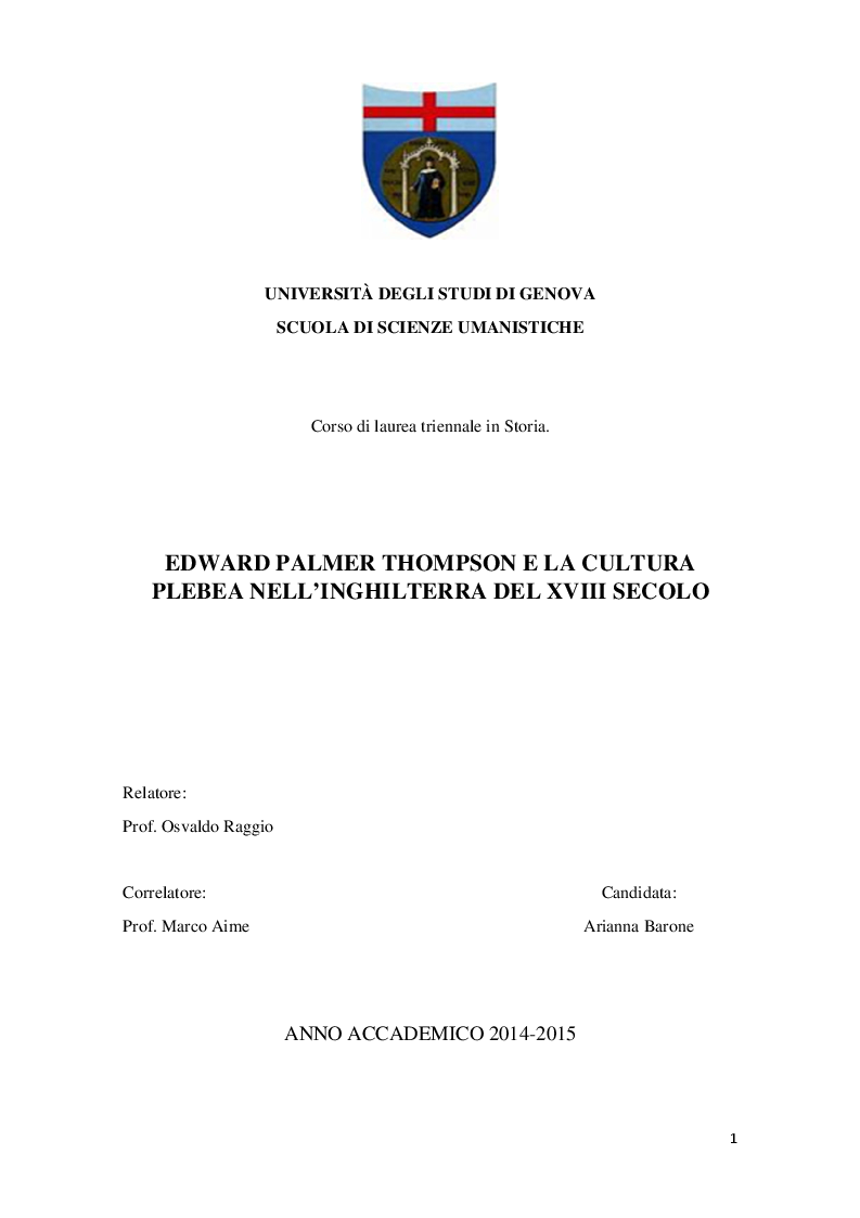 Anteprima della tesi: Edward Palmer Thompson e la cultura plebea nell'Inghilterra del XVIII secolo, Pagina 1