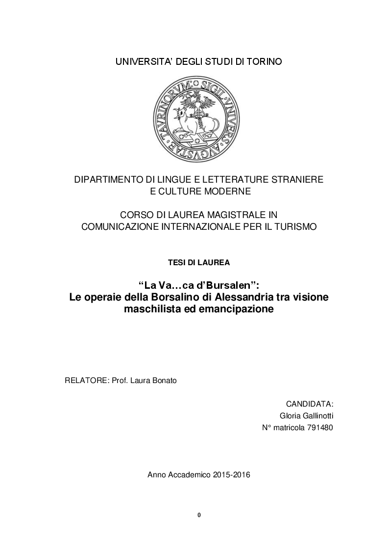 Anteprima della tesi: “La va…ca d’Bursalen”: Le operaie della fabbrica Borsalino di Alessandria tra visione maschilista ed emancipazione., Pagina 1