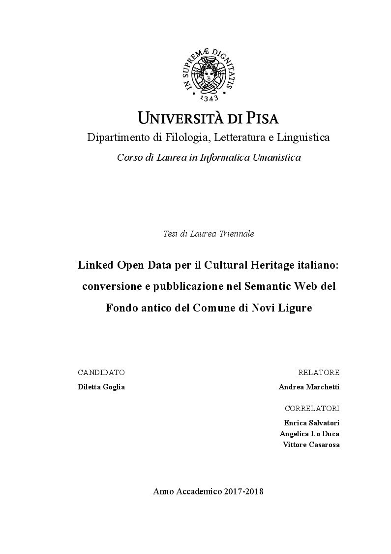 Anteprima della tesi: Linked Open Data per il Cultural Heritage italiano: conversione e pubblicazione nel Semantic Web del Fondo antico del Comune di Novi Ligure, Pagina 1