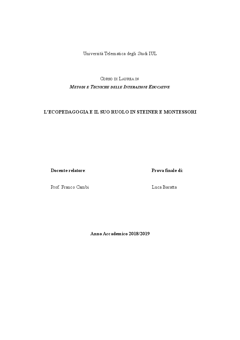 Anteprima della tesi: L'Ecopedagogia e il suo ruolo in Steiner e Montessori, Pagina 1