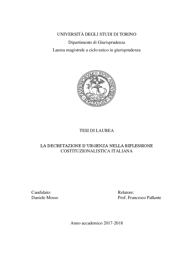 Anteprima della tesi: La decretazione d'urgenza nella riflessione costituzionalistica italiana, Pagina 1