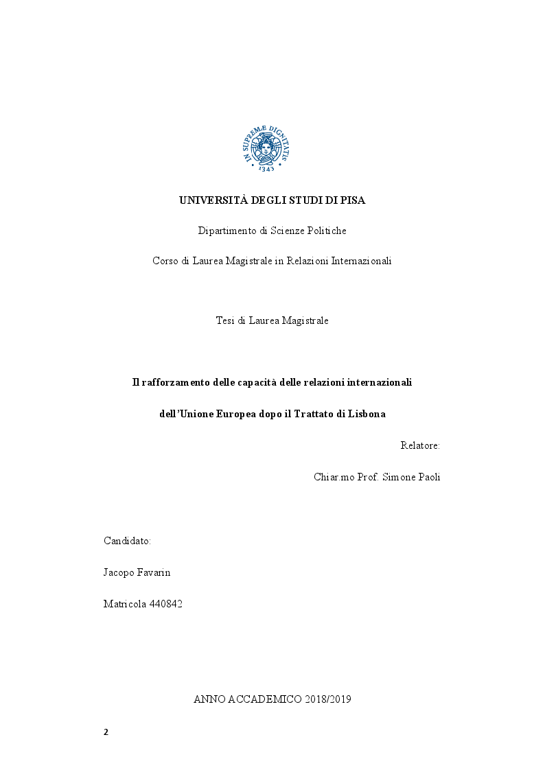 Anteprima della tesi: Il rafforzamento delle capacità delle relazioni internazionali dell’Unione Europea dopo il Trattato di Lisbona, Pagina 1