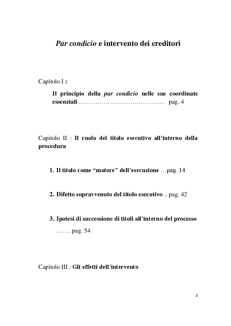Indice della tesi: Par condicio e intervento dei creditori, Pagina 1