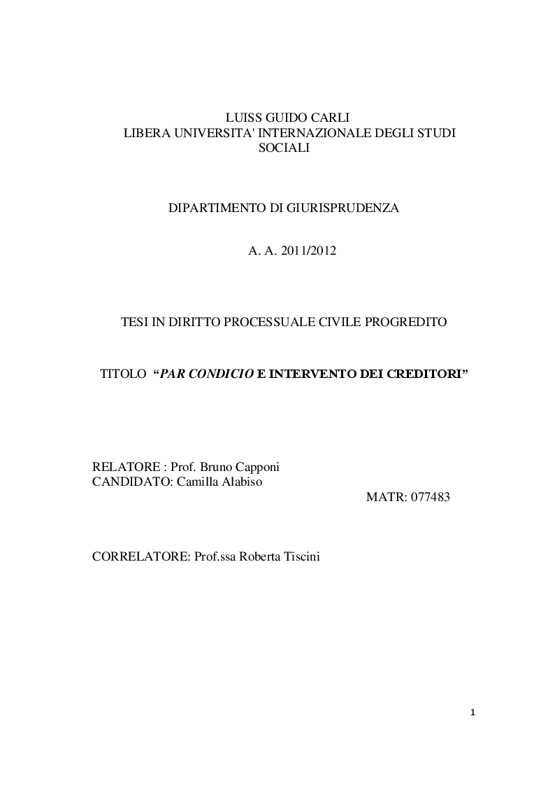 Anteprima della tesi: Par condicio e intervento dei creditori, Pagina 1