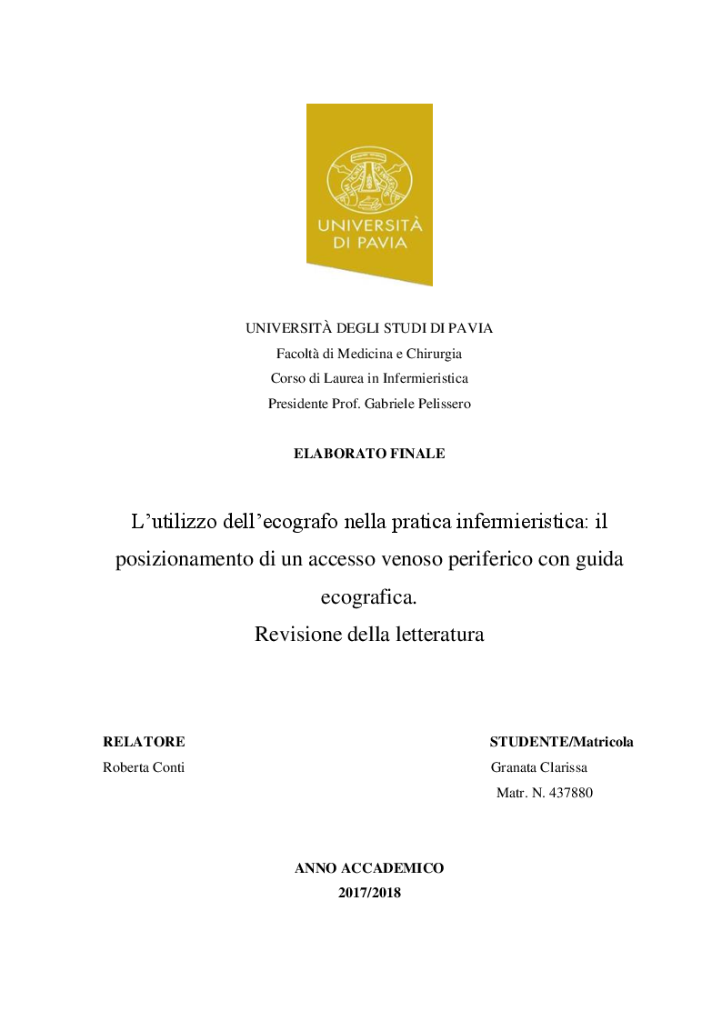 Anteprima della tesi: L’utilizzo dell’ecografo nella pratica infermieristica: il posizionamento di un accesso venoso periferico con guida ecografica. Revisione della letteratura, Pagina 1