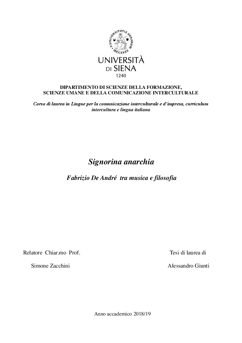 Anteprima della tesi: Signorina anarchia. Fabrizio De André tra musica e filosofia, Pagina 1