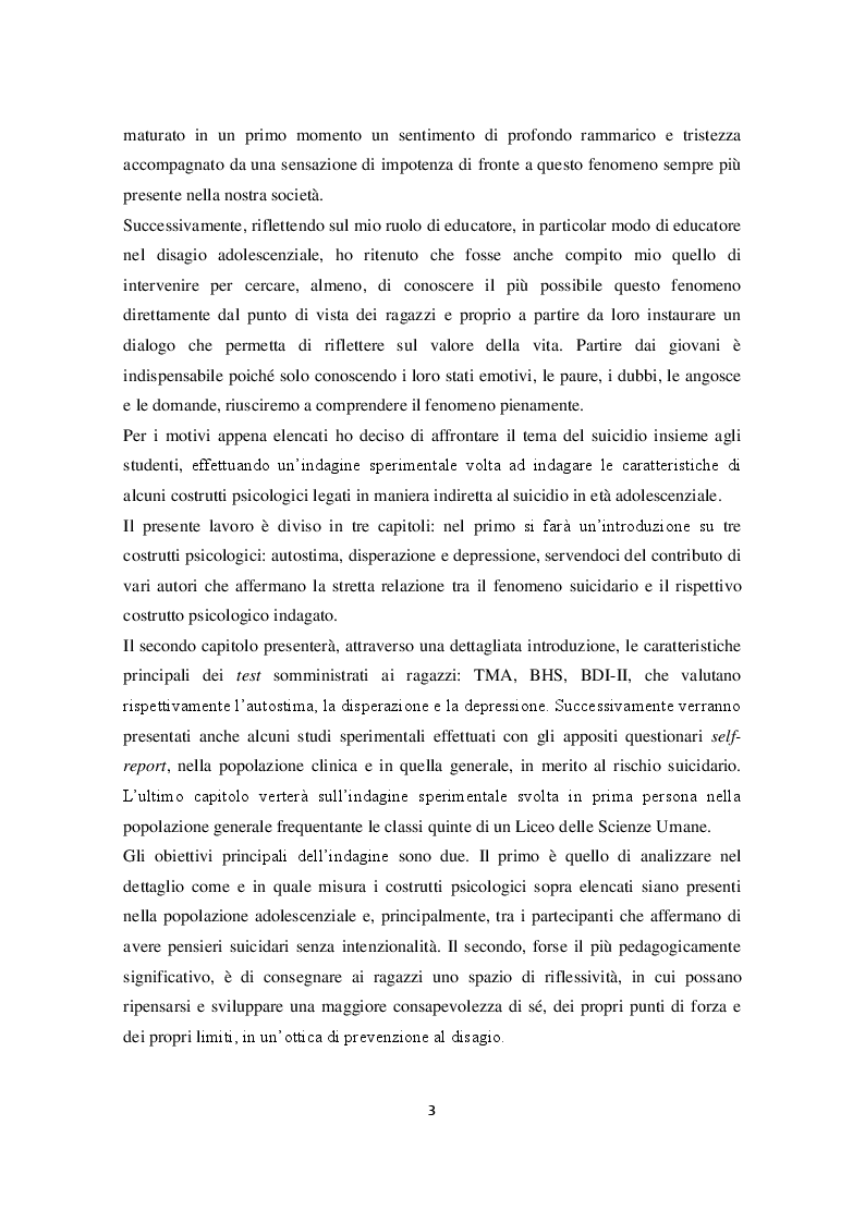 Anteprima della tesi: Ruolo dei costrutti psicologici nella condotta suicidaria in adolescenza. Indagine sulla relazione tra i livelli di autostima, disperazione, depressione e il rischio suicidario nella popolazione adolescenziale, Pagina 3