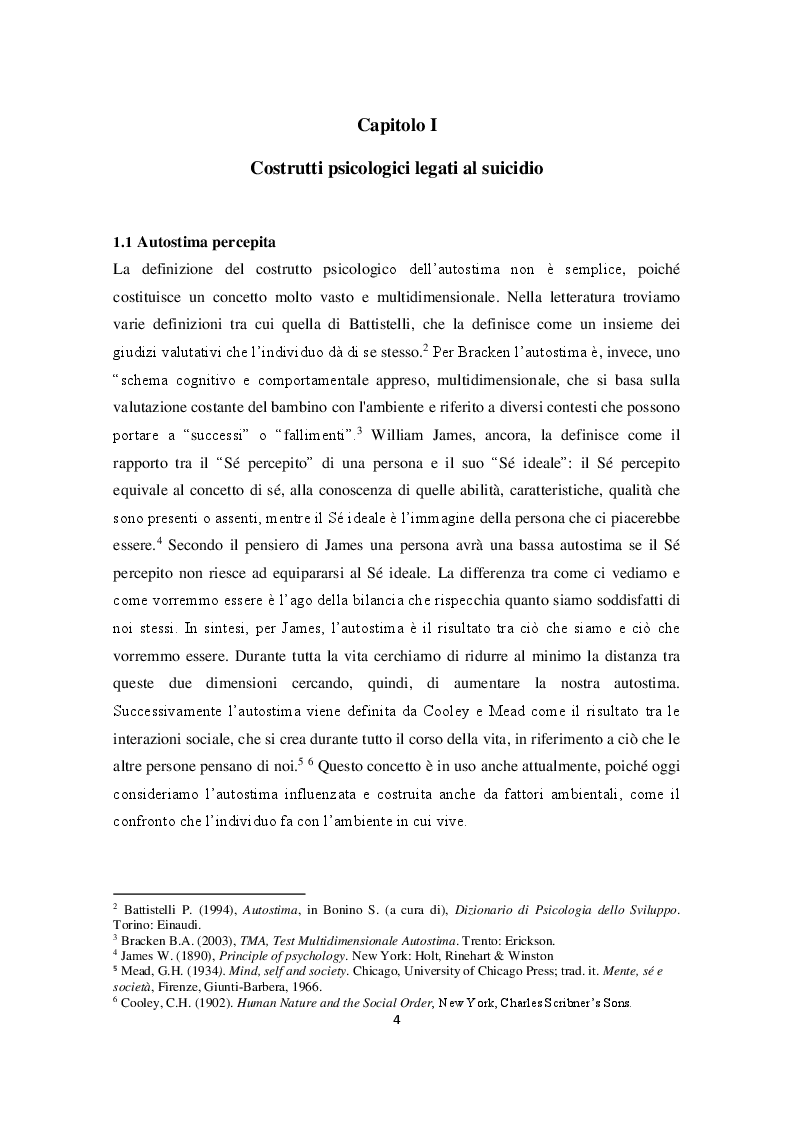 Anteprima della tesi: Ruolo dei costrutti psicologici nella condotta suicidaria in adolescenza. Indagine sulla relazione tra i livelli di autostima, disperazione, depressione e il rischio suicidario nella popolazione adolescenziale, Pagina 4