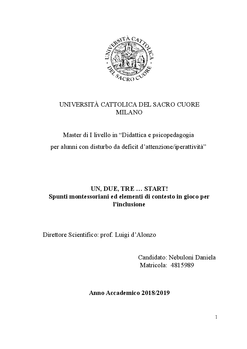 Anteprima della tesi: UN, DUE, TRE … START! Spunti montessoriani ed elementi di contesto in gioco per l'inclusione, Pagina 1