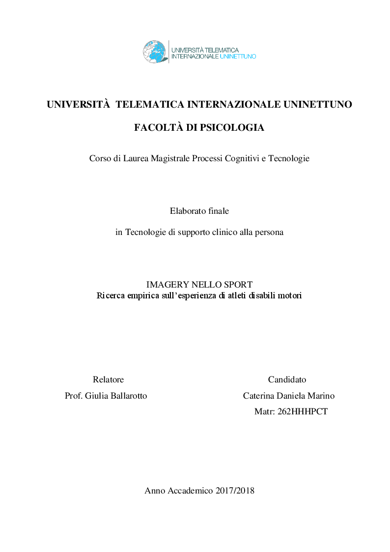 Anteprima della tesi: Imagery nello Sport. Ricerca empirica sull’esperienza di atleti disabili motori, Pagina 1