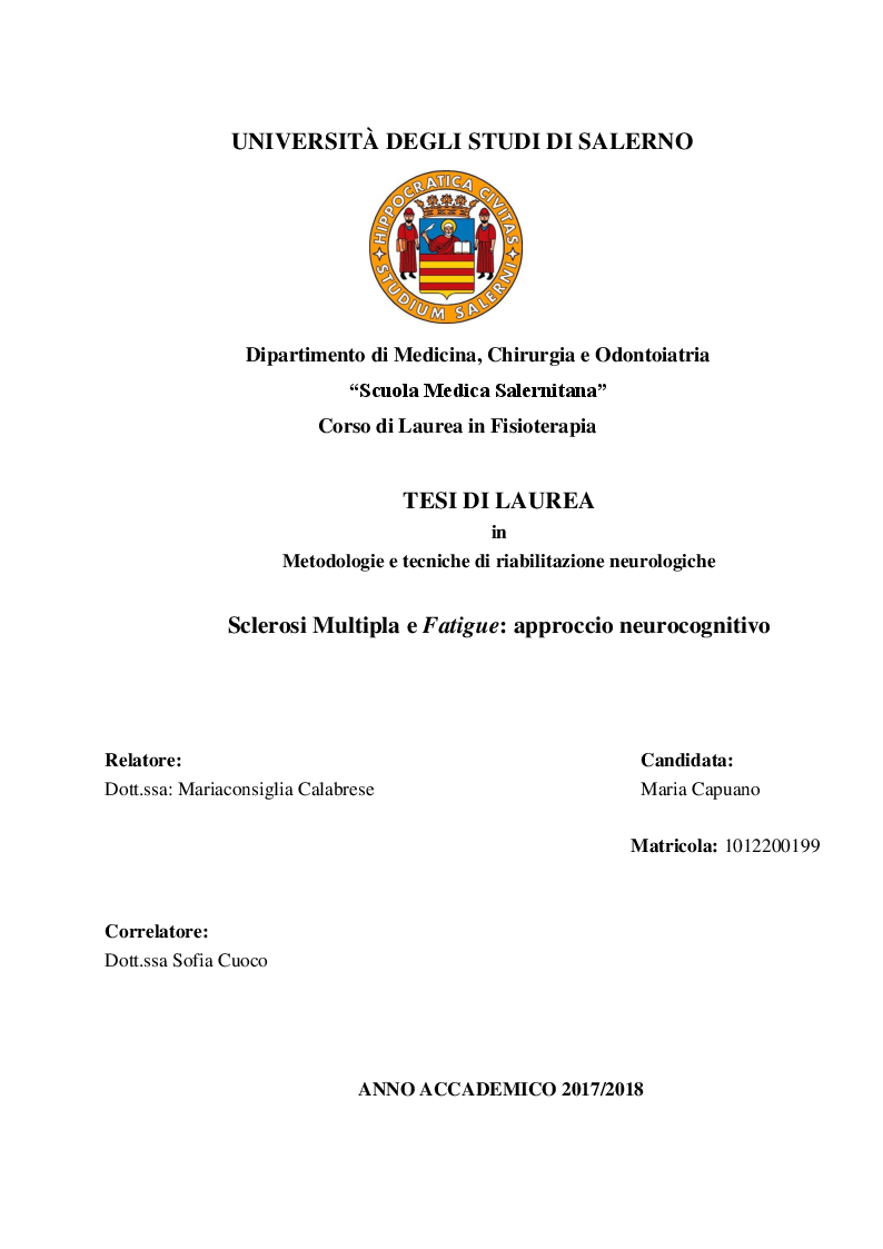 Anteprima della tesi: Sclerosi Multipla e fatigue: approccio neurocognitivo, Pagina 1