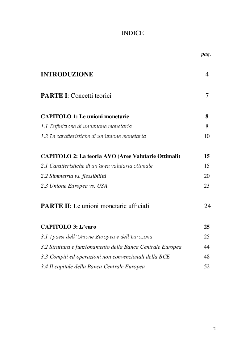 Indice della tesi: Le unioni monetarie nel mondo, Pagina 1
