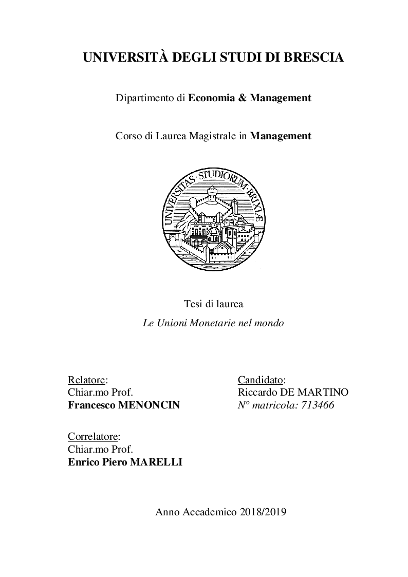 Anteprima della tesi: Le unioni monetarie nel mondo, Pagina 1