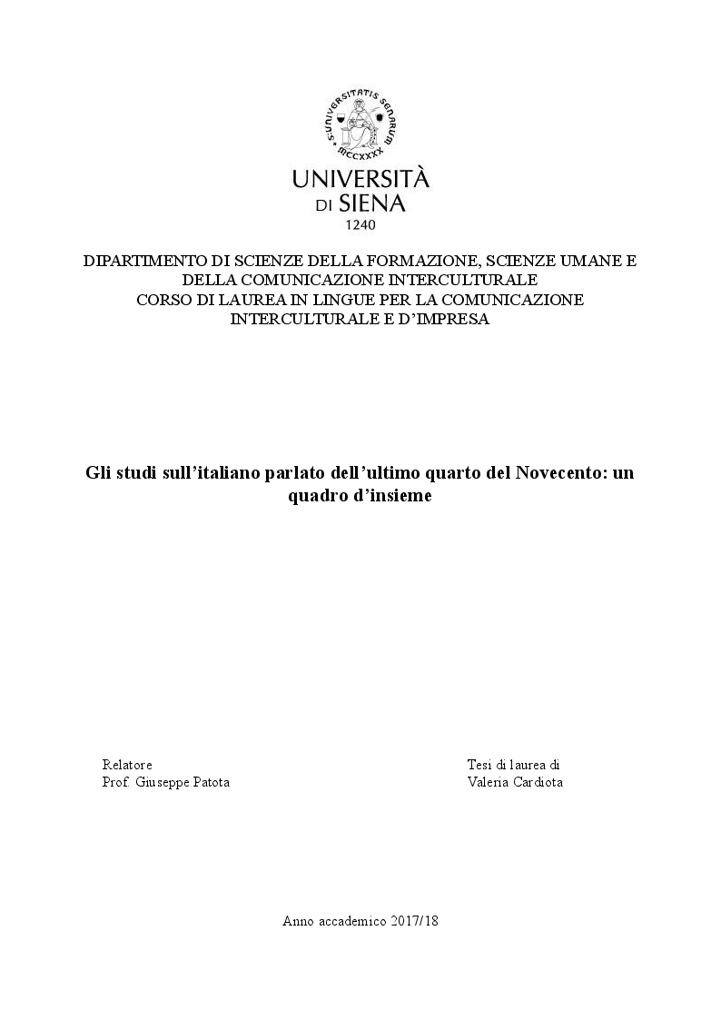 Anteprima della tesi: Gli studi sull’italiano parlato dell’ultimo quarto del Novecento: un quadro d’insieme, Pagina 1