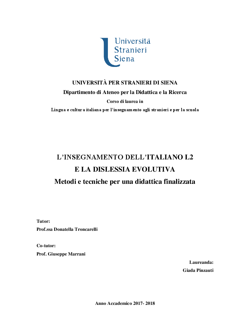 Anteprima della tesi: L’insegnamento dell’italiano L2 e la dislessia evolutiva - Metodi e tecniche per una didattica finalizzata, Pagina 1