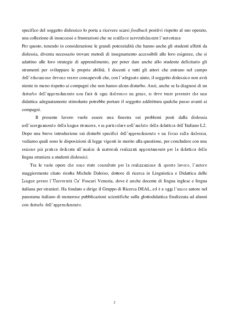 Anteprima della tesi: L’insegnamento dell’italiano L2 e la dislessia evolutiva - Metodi e tecniche per una didattica finalizzata, Pagina 3