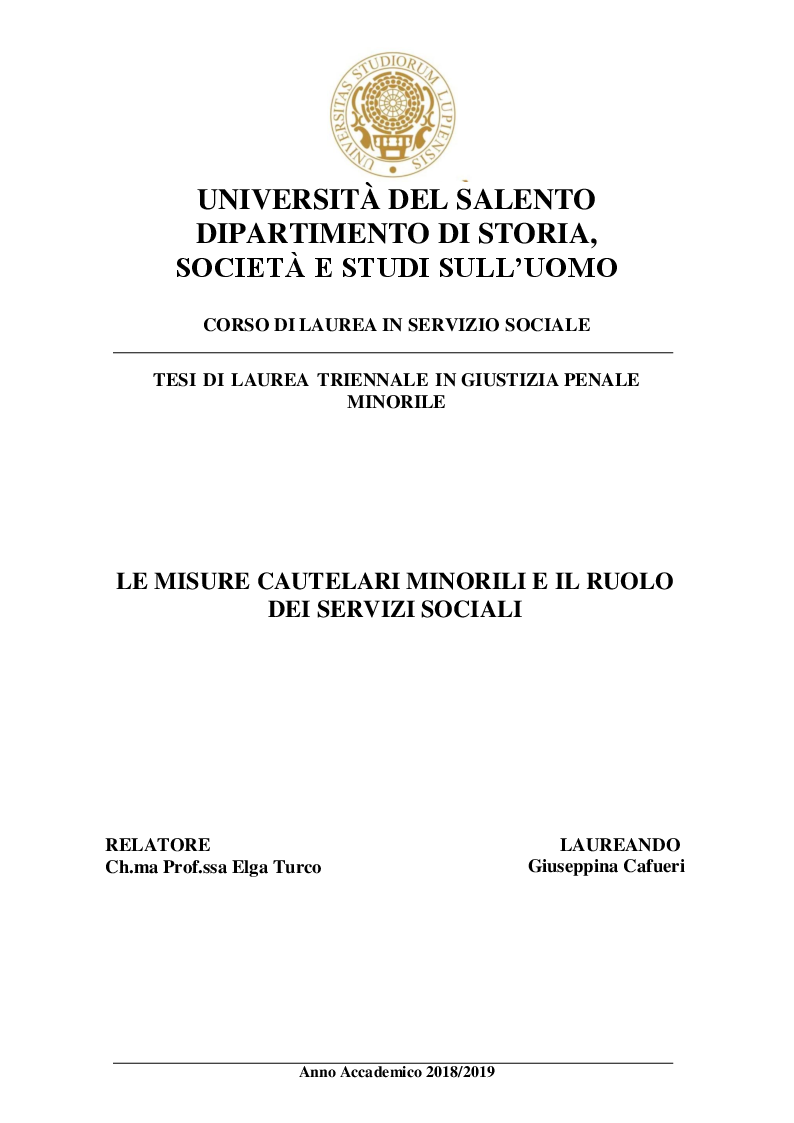Anteprima della tesi: Le misure cautelari minorili e il ruolo di Servizio Sociale, Pagina 1