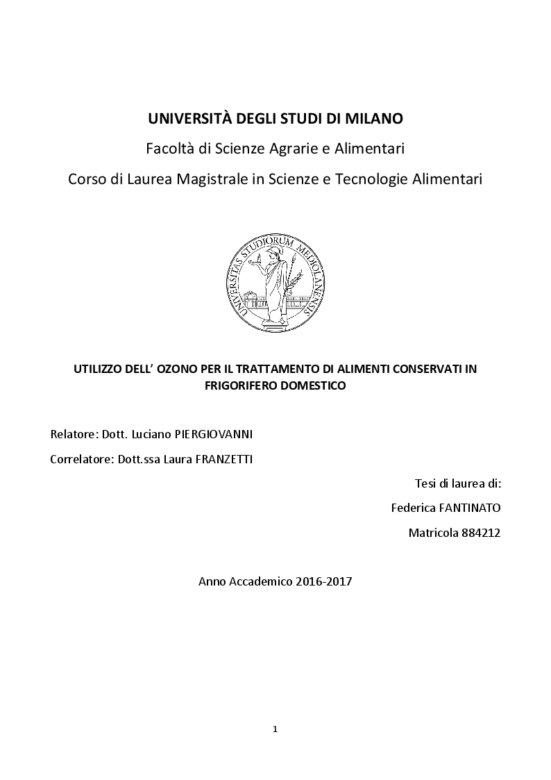 Anteprima della tesi: Utilizzo dell'ozono per il trattamento di alimenti conservati in frigorifero domestico, Pagina 1