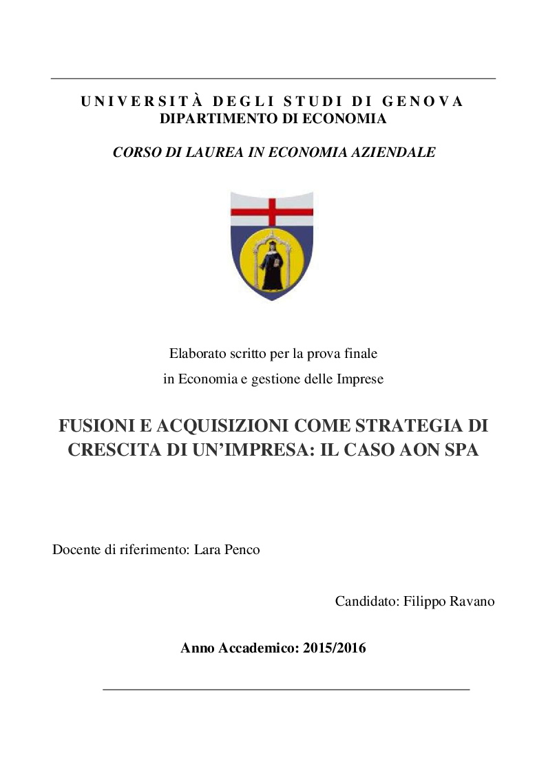 Anteprima della tesi: Fusioni e Acquisizioni come strategia di crescita per le imprese: il caso Aon S.p.A., Pagina 1