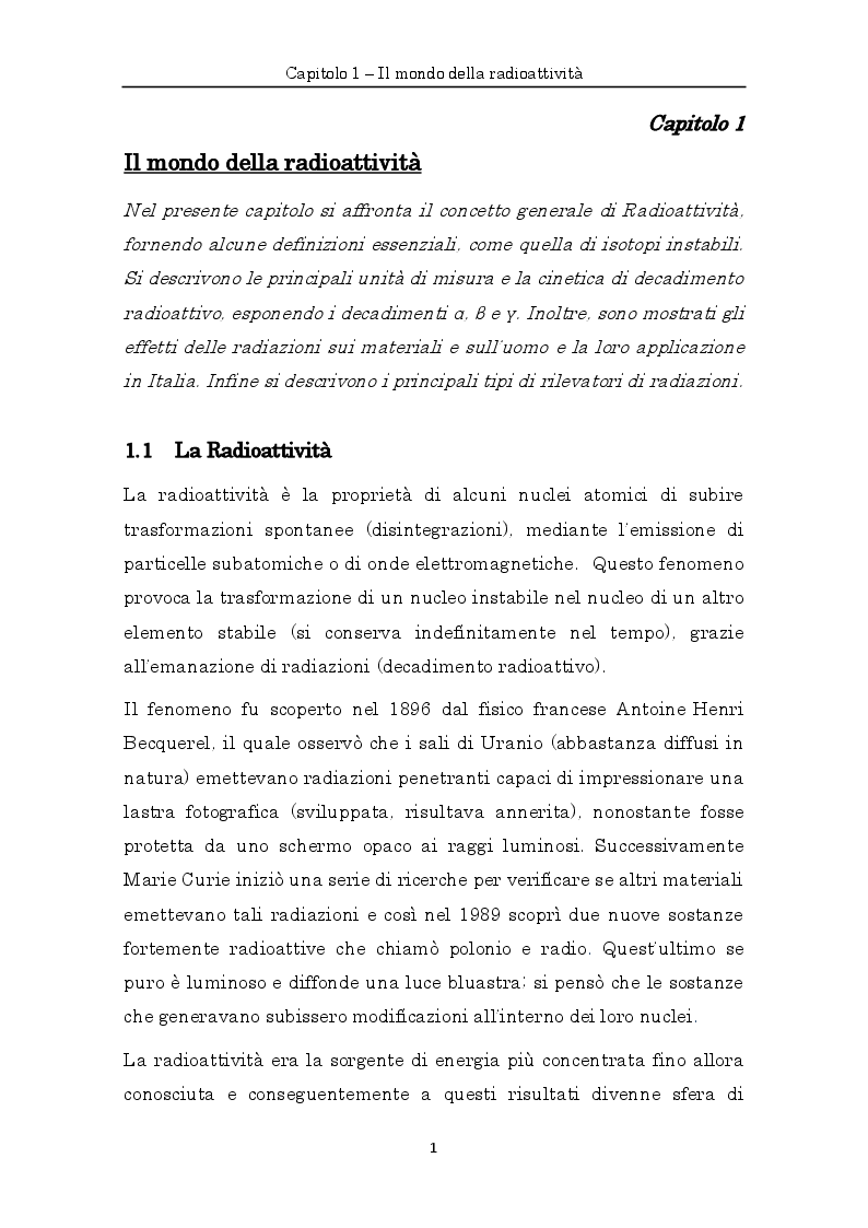Anteprima della tesi: Misure di radioattività nelle acque di scarico finalizzate alla definizione del bilancio di massa e del comportamento idrodinamico di un impianto di depurazione, Pagina 4