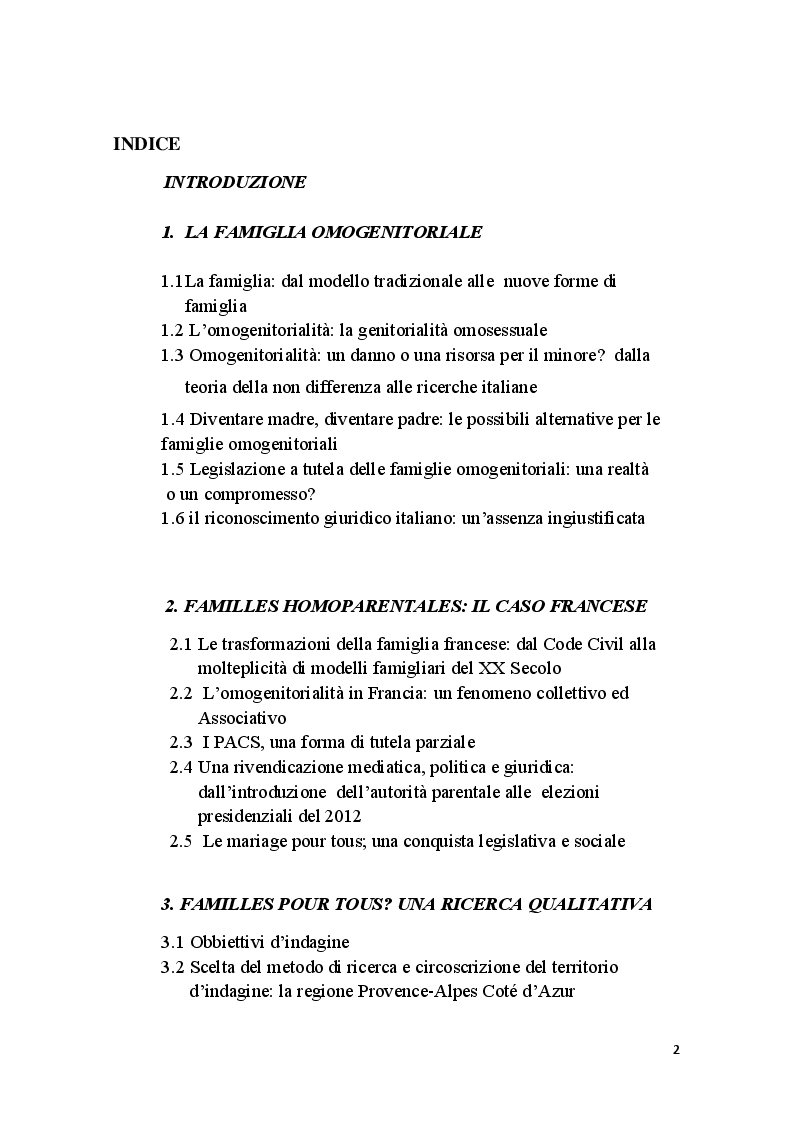 Indice della tesi: Familles pour tous? Famiglie omogenitoriali e società dopo l'introduzione della 404/13: testimonianze dalla regione Provence Alpes - Cote d'Azur, Pagina 1