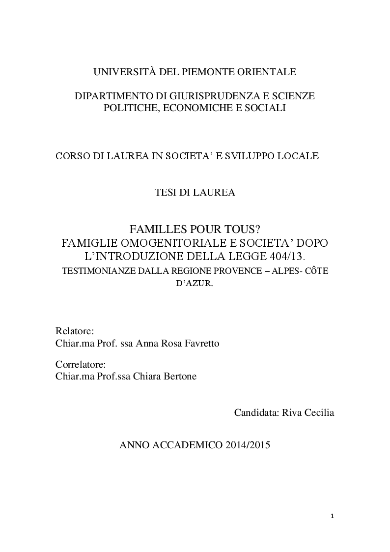 Anteprima della tesi: Familles pour tous? Famiglie omogenitoriali e società dopo l'introduzione della 404/13: testimonianze dalla regione Provence Alpes - Cote d'Azur, Pagina 1