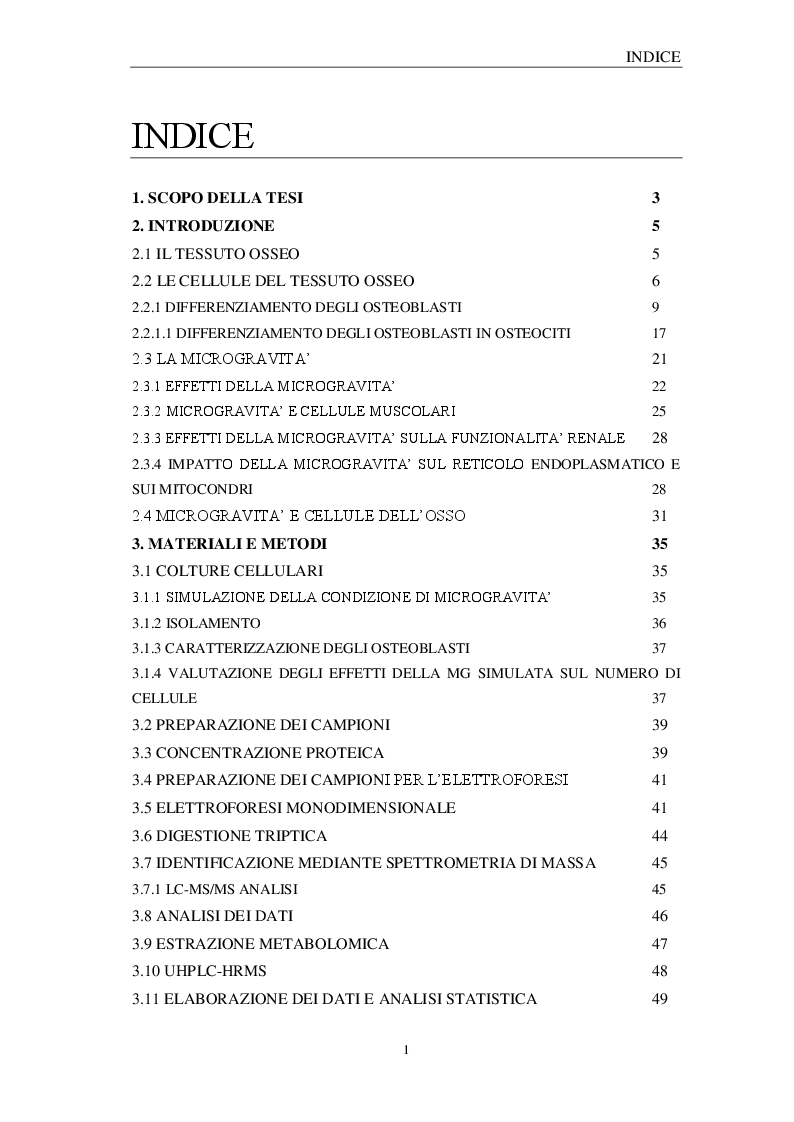 Indice della tesi: Effetti della microgravità sugli osteoblasti: profilo proteomico e metabolomico, Pagina 1