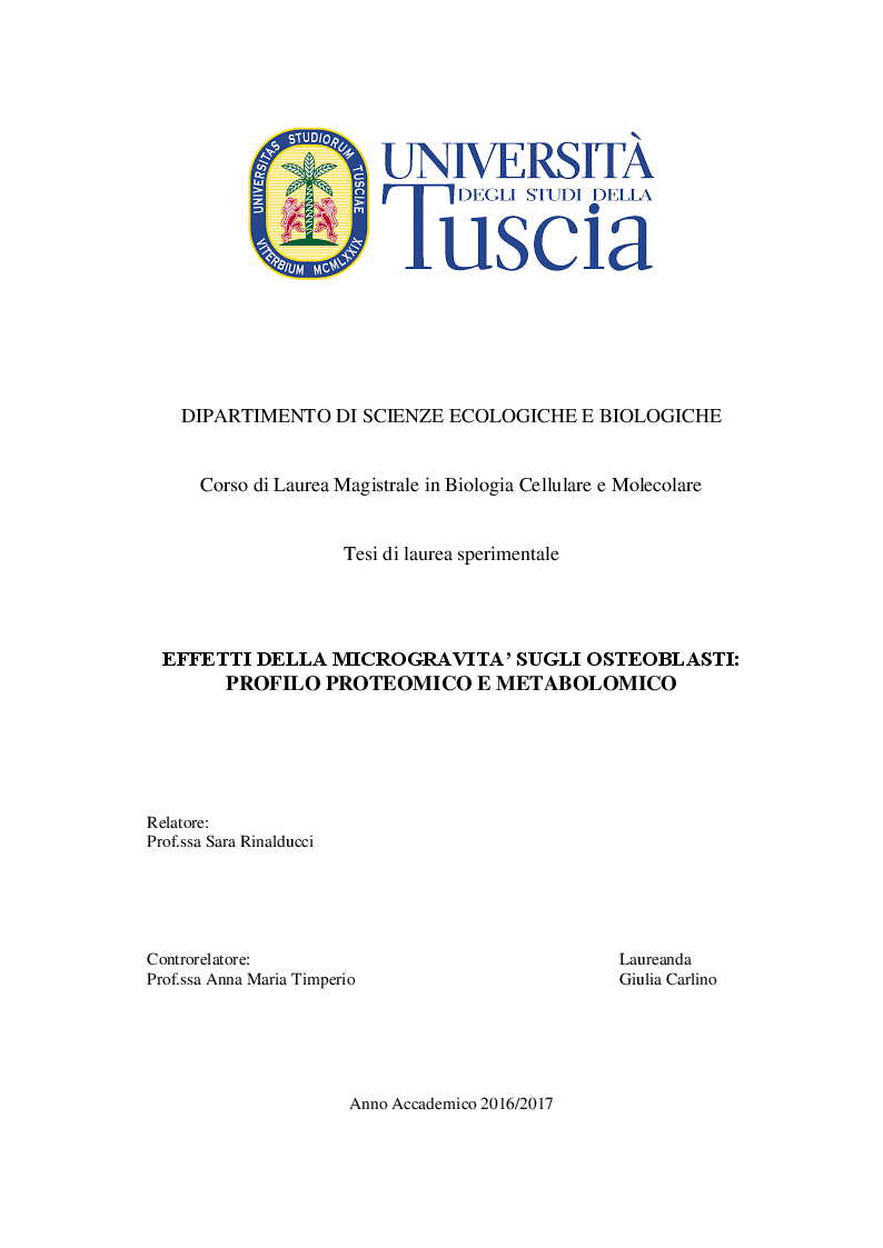 Anteprima della tesi: Effetti della microgravità sugli osteoblasti: profilo proteomico e metabolomico, Pagina 1