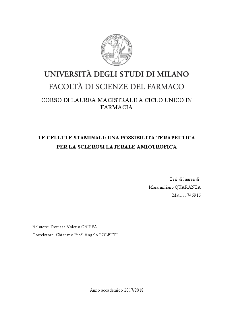 Anteprima della tesi: Le cellule staminali: una possibilità terapeutica per la sclerosi laterale amiotrofica, Pagina 1