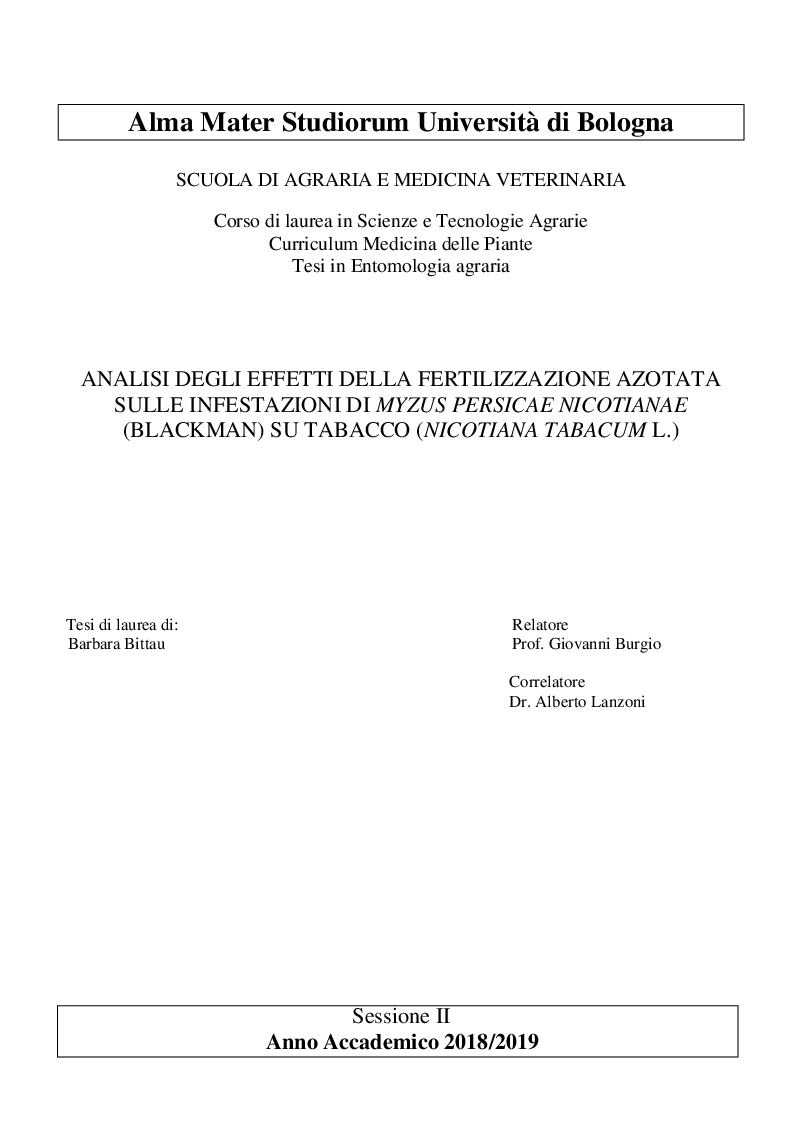 Anteprima della tesi: Analisi degli effetti della fertilizzazione azotata sulle infestazioni di Myzus persicae nicotiane (Blackman) su tabacco (Nicotiana tabacum L.), Pagina 1