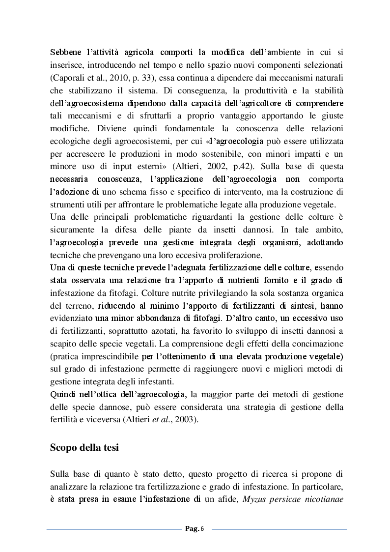 Anteprima della tesi: Analisi degli effetti della fertilizzazione azotata sulle infestazioni di Myzus persicae nicotiane (Blackman) su tabacco (Nicotiana tabacum L.), Pagina 3