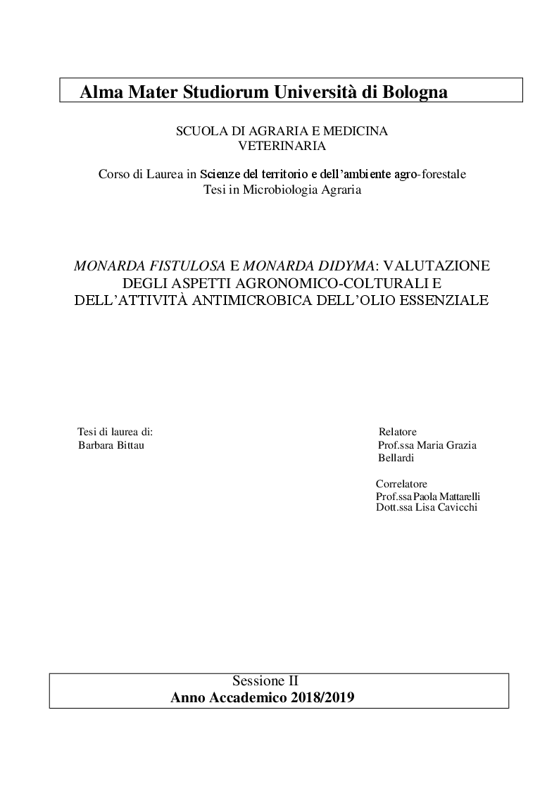 Anteprima della tesi: Monarda fistulosa e Monarda dydima: valutazione degli aspetti agronomico-colturali e dell'attività antimicrobica dell'olio essenziale, Pagina 1