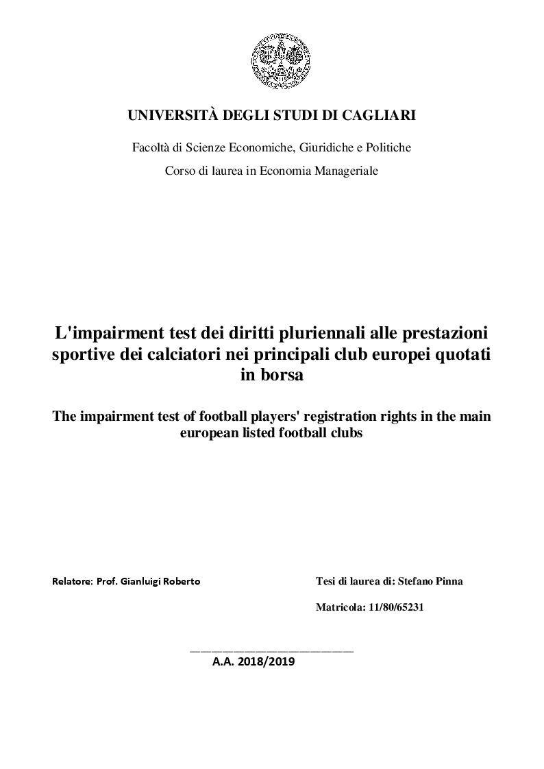 Anteprima della tesi: L'impairment test dei diritti pluriennali alle prestazioni sportive dei calciatori nei principali club europei quotati in borsa, Pagina 1