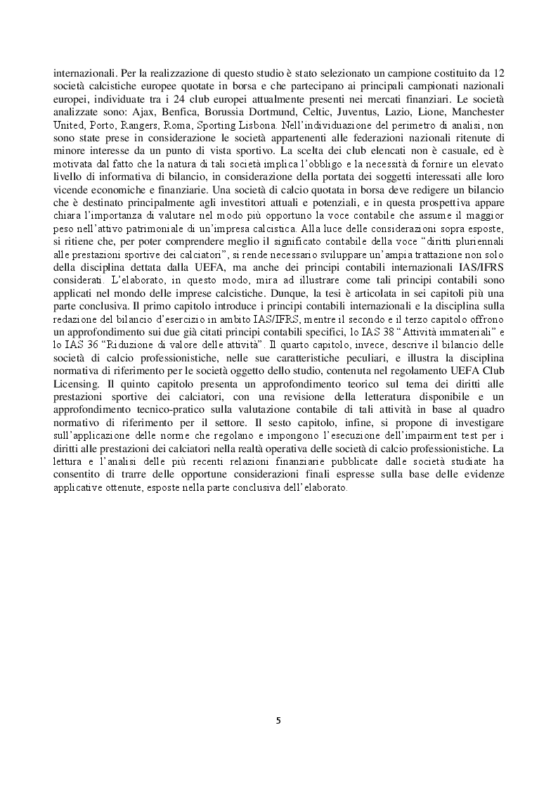 Anteprima della tesi: L'impairment test dei diritti pluriennali alle prestazioni sportive dei calciatori nei principali club europei quotati in borsa, Pagina 3