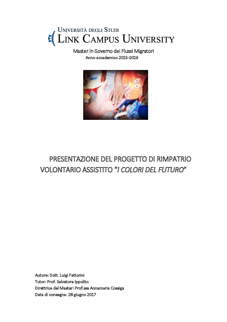 Anteprima della tesi: Presentazione del Progetto di Rimpatrio Volontario Assistito "I Colori del Futuro", Pagina 1