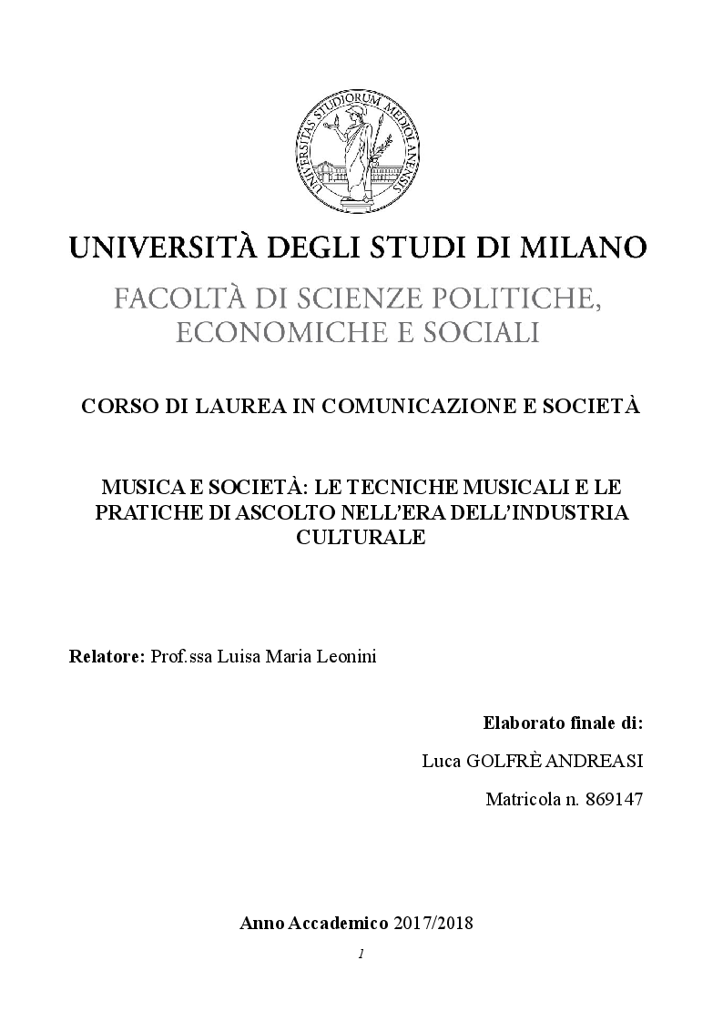 Anteprima della tesi: Musica e società: le tecniche musicali e le pratiche di ascolto nell'era dell'industria culturale, Pagina 1